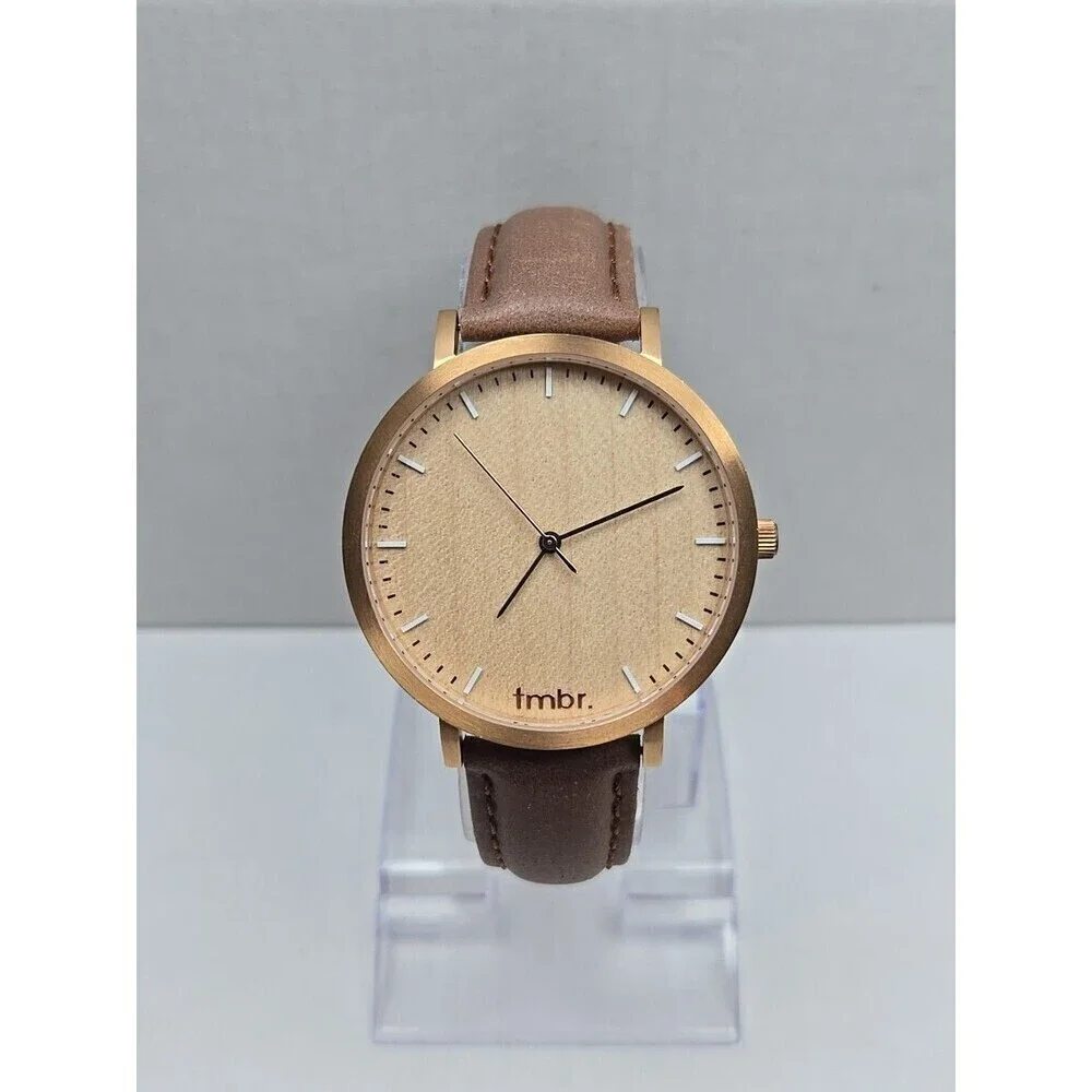 Tmbr The Helm Wood Dial Watch Rose Gold Tone 40mm Brown Leather New Battery
